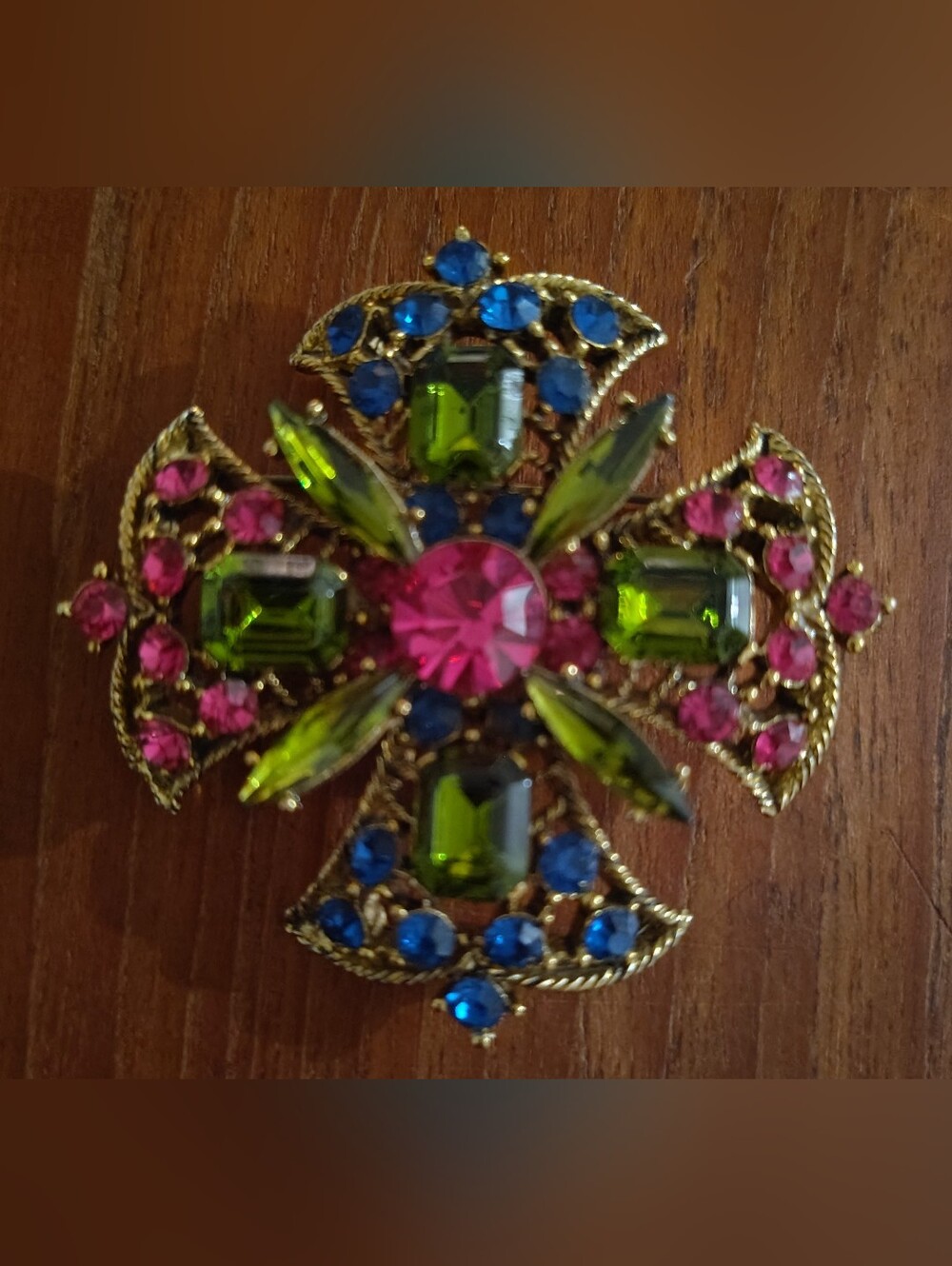 Vintage-Style Multicolor Crystal Cross Brooch - Pink, Green, Blue
